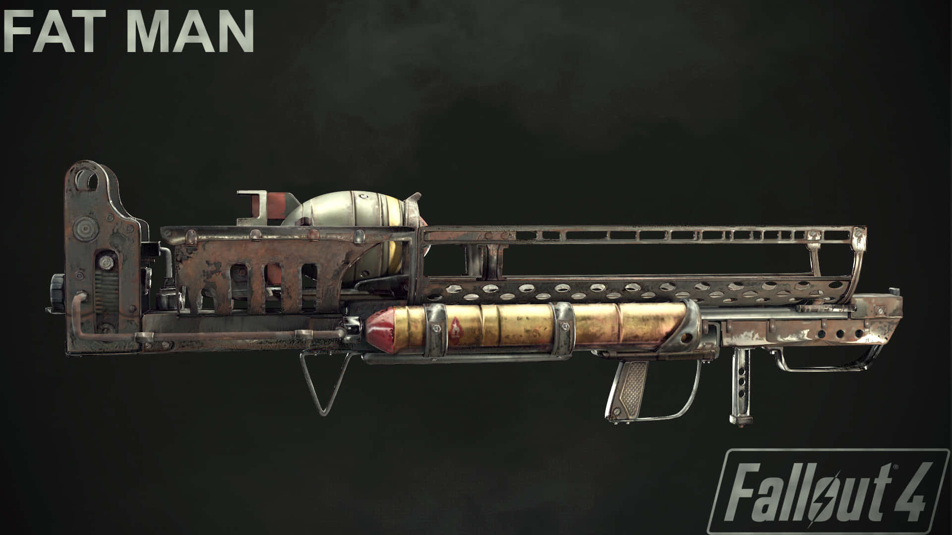 Fallout 4 Fat Man 桌布 壁紙 — 來自《Fallout 4》的鏽蝕Fat Man核武器，在深色背景上展示。