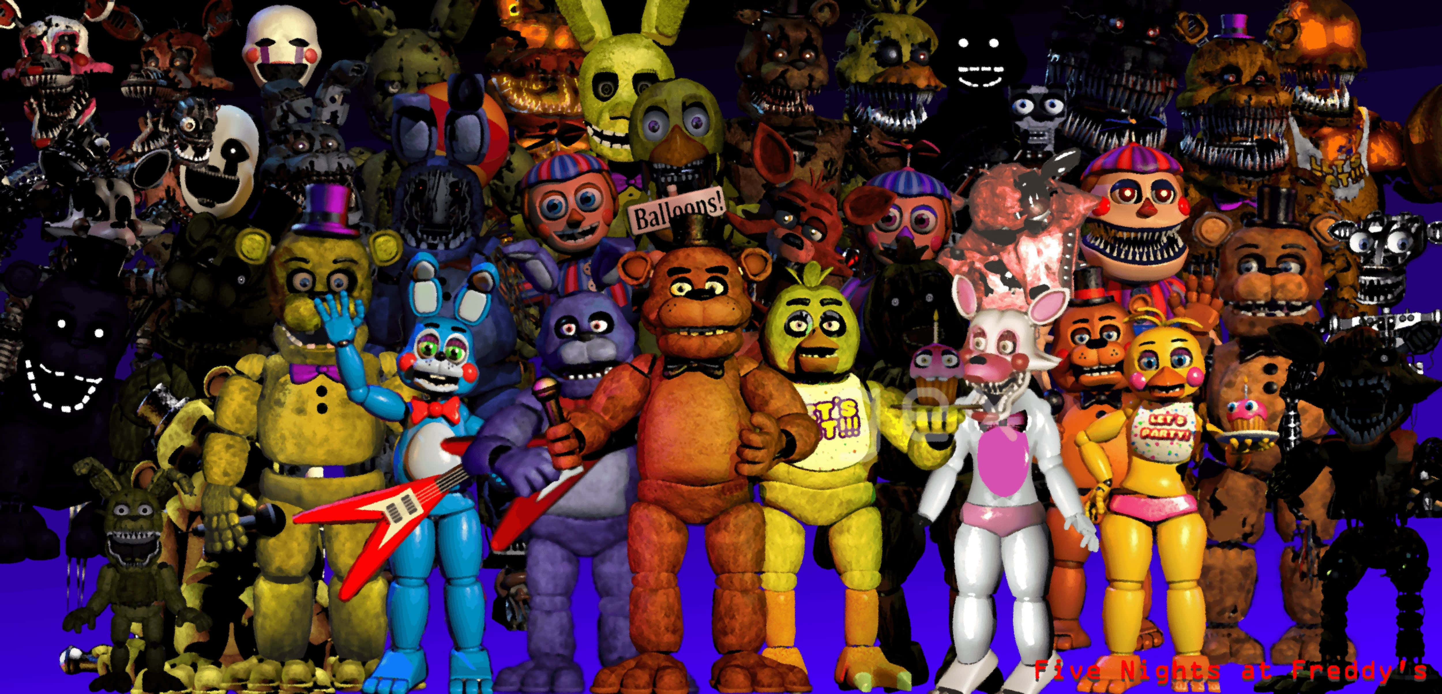 Animatronics 桌布 壁紙 — 來自《Five Nights at Freddy's》的一群混亂的電子動畫角色在深紫色背景下威脅性地站立。