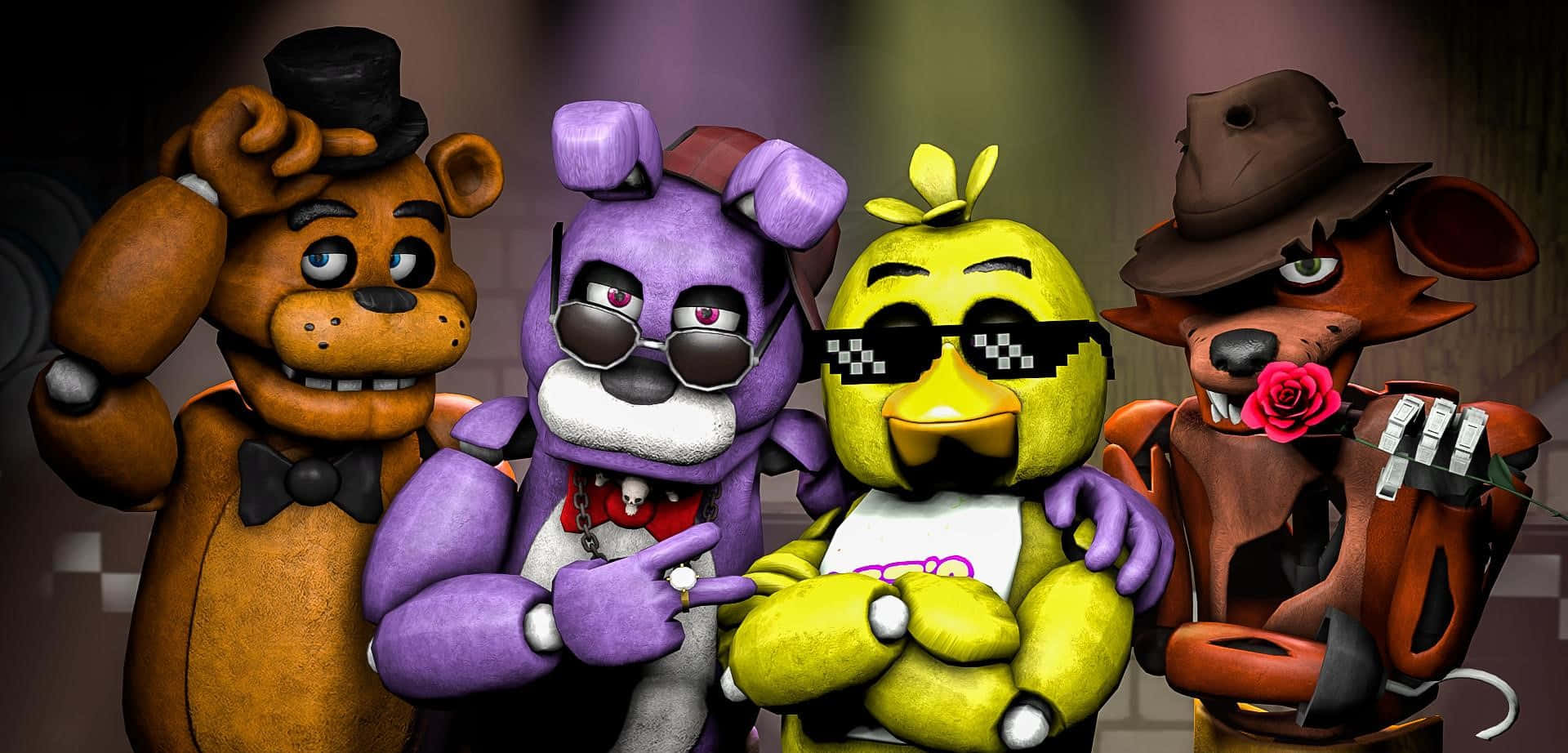 Animatronics 桌布 壁紙 — 來自《Five Nights at Freddy's》的四個電子動畫角色在燈光昏暗的房間中自信地擺出姿勢，燈光效果戲劇化。