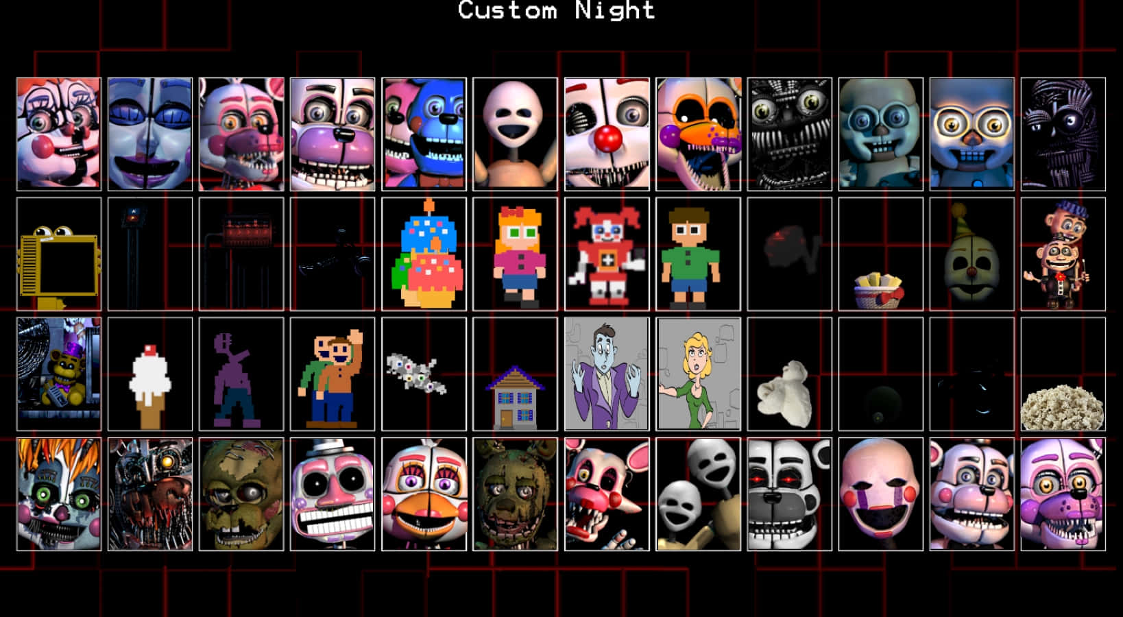 Ultimate Custom Night 桌布 壁紙 — 來自《Five Nights at Freddy's》的像素化恐怖角色網格，帶有發光的眼睛和威脅性的笑容，背景為深紅色網格。