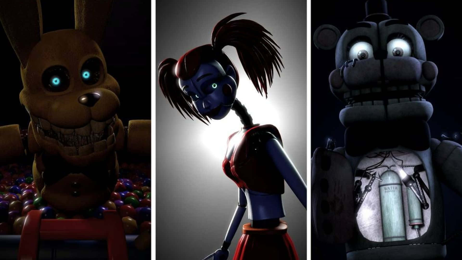 Fazbear Frights 桌布 壁紙 — 來自《Five Nights at Freddy's》的三個威脅性機械動畫角色，在黑暗詭異的環境中瞪著發光的眼睛。
