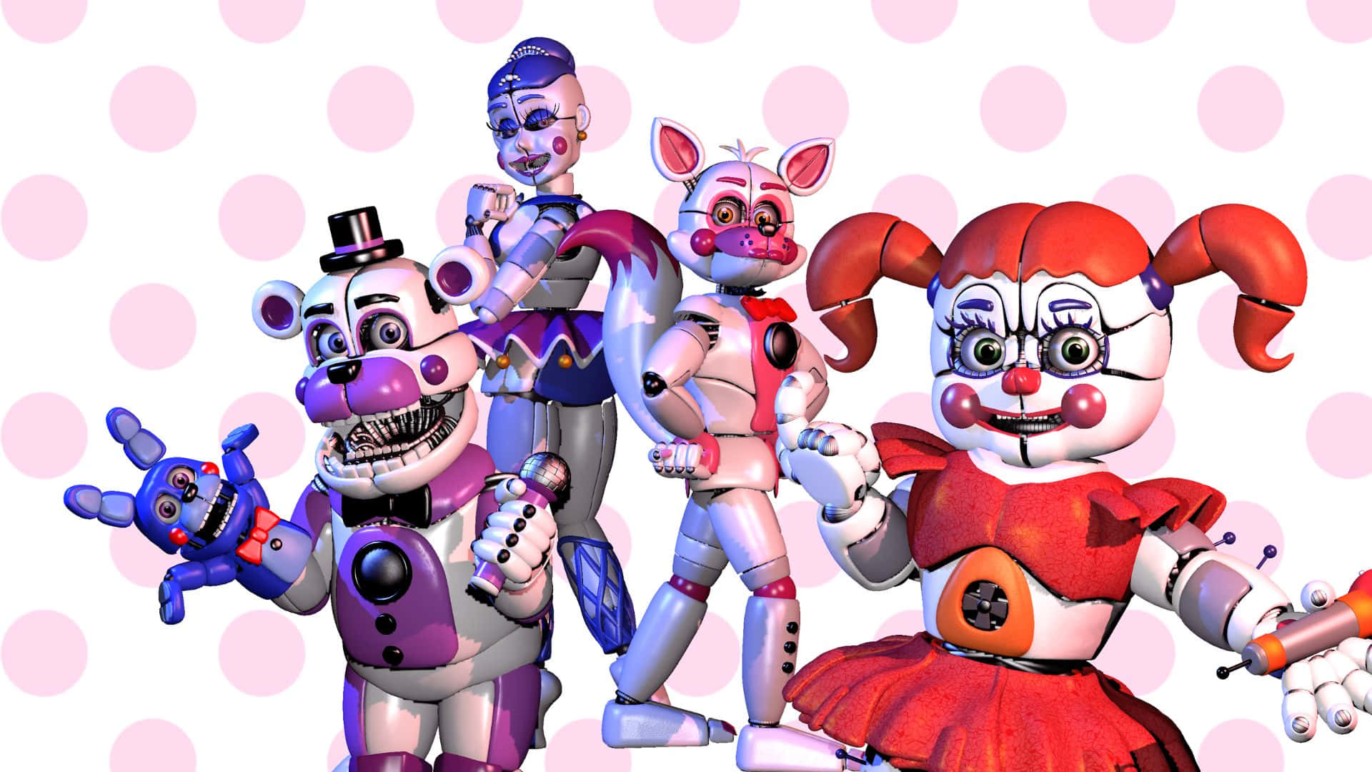 Fnaf Sister Location 桌布 壁紙 — 來自《Five Nights at Freddy's》的四個電子動畫角色在粉紅色圓點背景前擺姿勢。