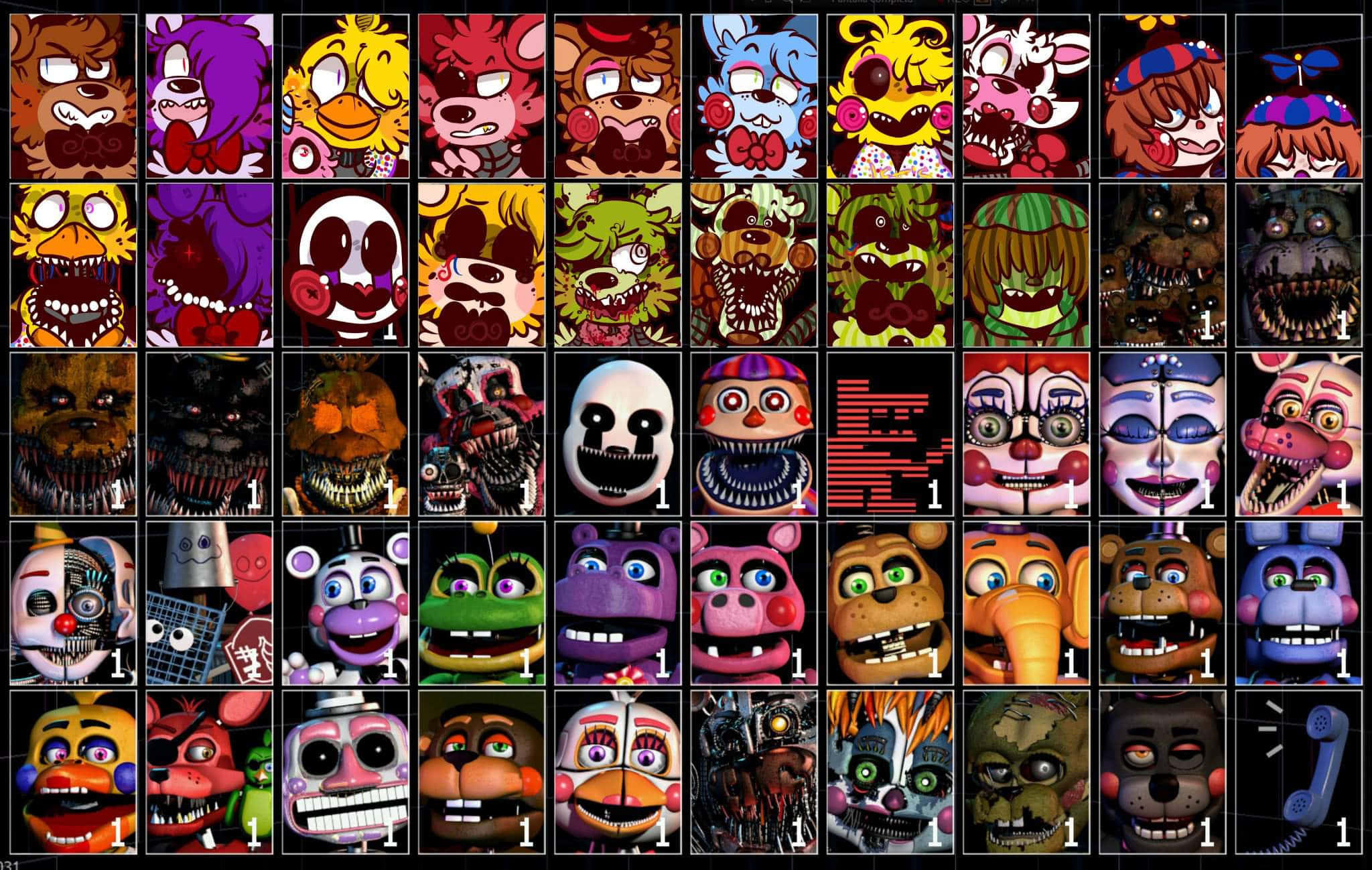Ultimate Custom Night 桌布 壁紙 — 來自《Five Nights at Freddy's》的32個扭曲的電子動畫面孔網格，帶有誇張的表情和故障紋理。