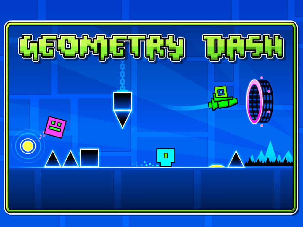 Geometry Dash 桌布 壁紙 — 來自《Geometry Dash》的充滿活力的霓虹像素藝術場景，幾何形狀和障礙物在發光的藍色網格背景上。