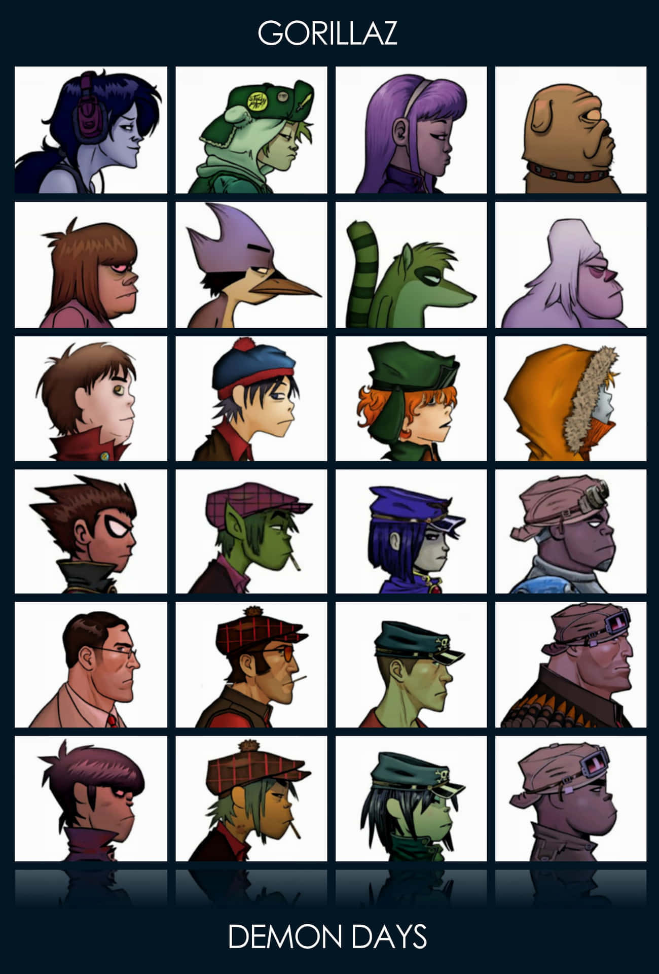 街頭霸王 桌布 壁紙 — 來自 Gorillaz 專輯 Demon Days 的 16 個風格化動畫角色肖像網格，每個都有獨特的頭髮、帽子和表情。