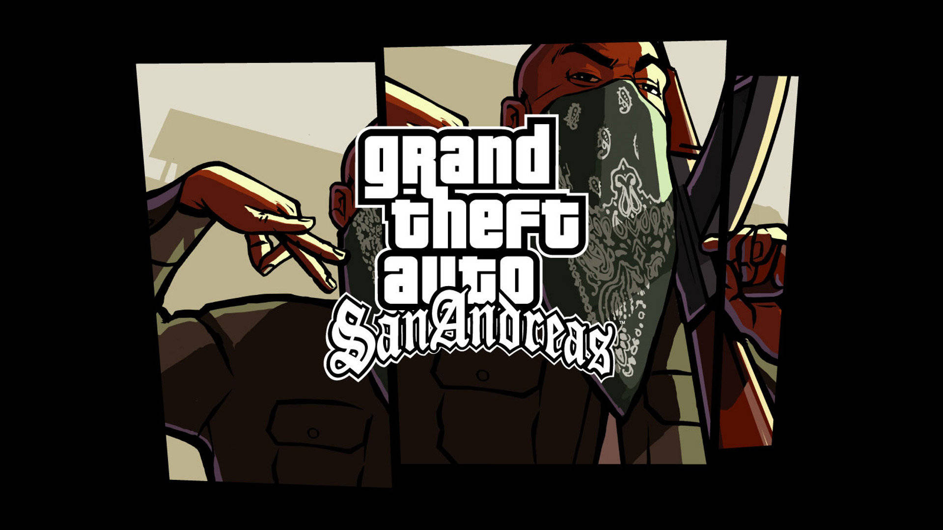 Gta 桌布 壁紙 — 來自《Grand Theft Auto San Andreas》的蒙面角色風格化插圖，搭配粗體塗鴉風格文字。