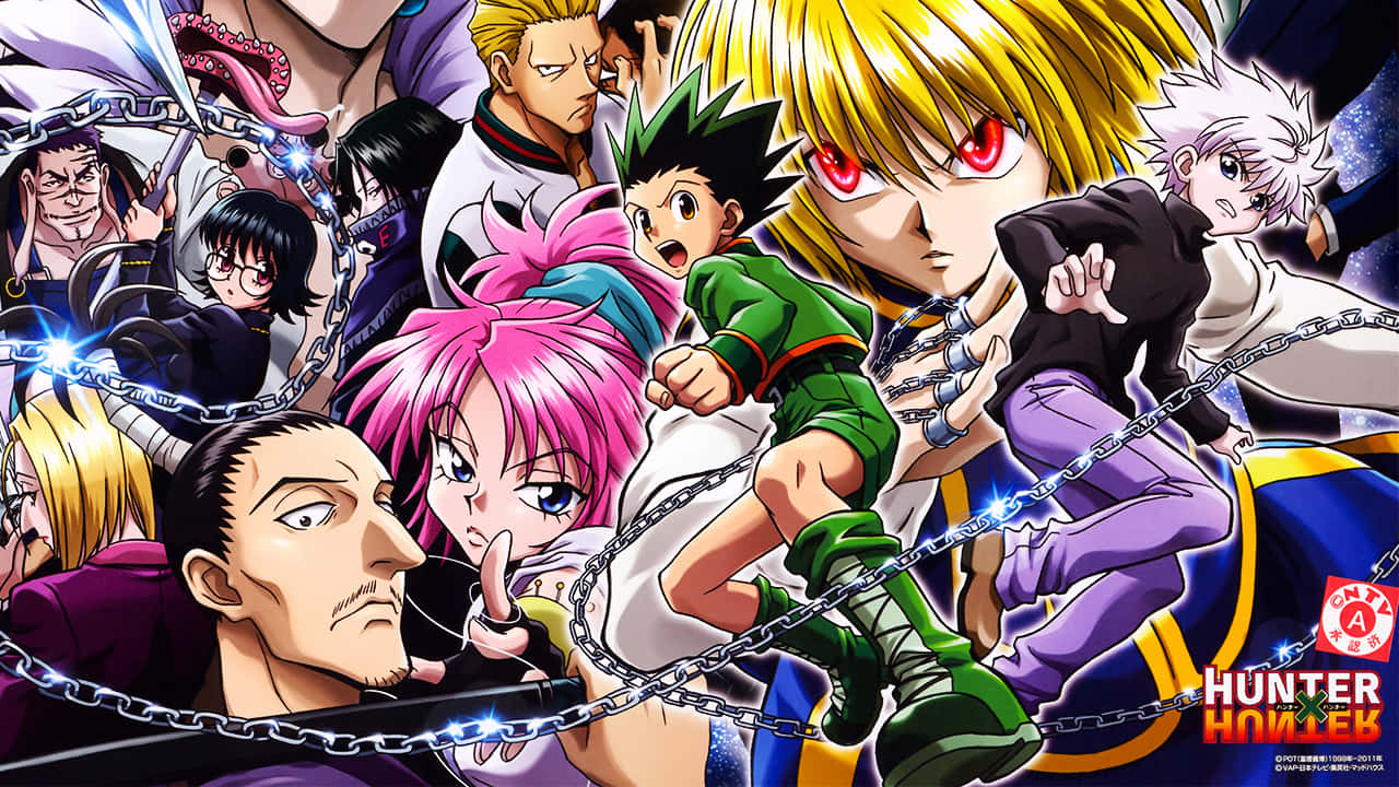Shonen Anime 桌布 壁紙 — 來自《Hunter x Hunter》的動態動畫角色，在宇宙背景下以發光鎖鏈交鋒。