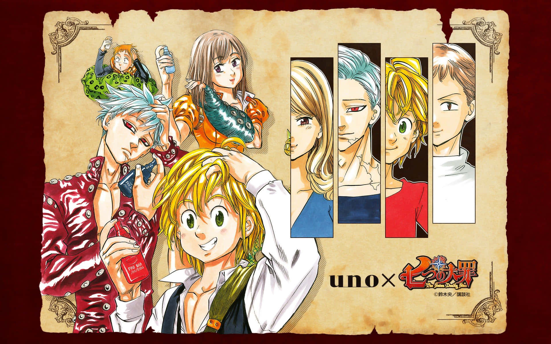 強勢的黛安揮舞巨錘「吉迪恩」 壁紙 — 來自《Hunter x Hunter》的鮮豔動漫角色在帶有Uno品牌標誌的舊羊皮紙上動態擺姿勢。