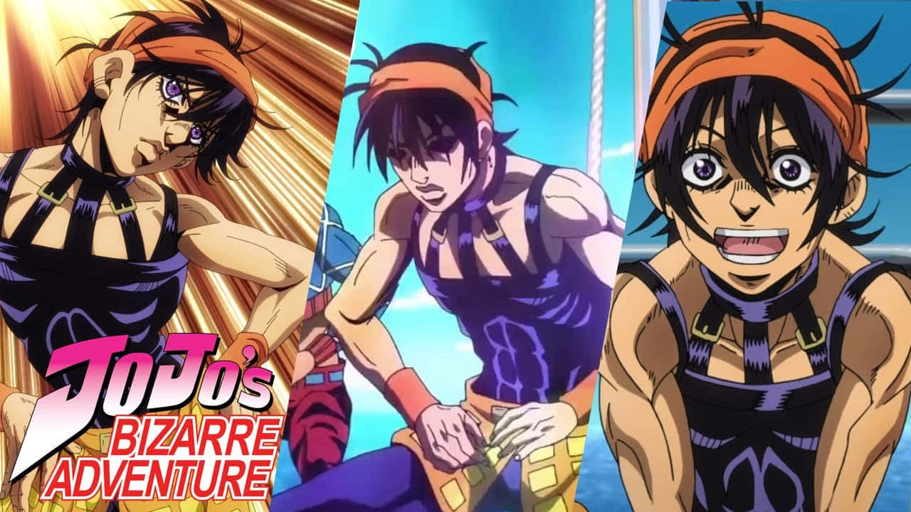 Narancia Ghirga 桌布 壁紙 — 來自《JoJo的奇妙冒險》的三個動漫角色在鮮豔的背景前以粗線條和飽和色彩動態擺姿勢。