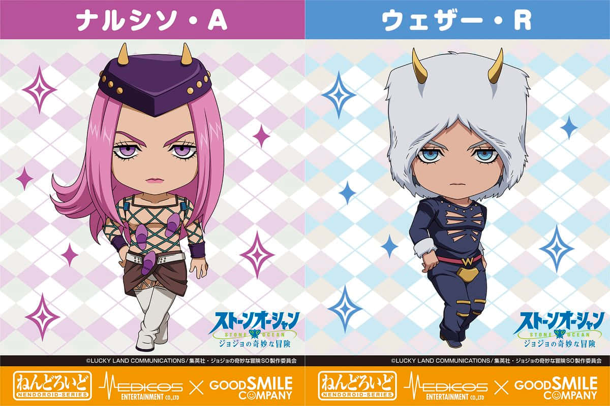 Narciso Anasui 桌布 壁紙 — 來自《JoJo的奇妙冒險》的兩個Q版動漫角色，帶有角和星形格仔背景。