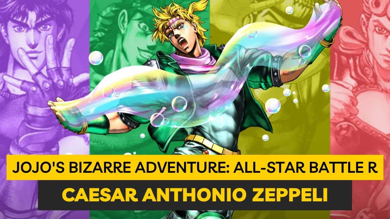 Caesar Anthonio Zeppeli 桌布 壁紙 — 來自《JoJo的奇妙冒險》的西撒·安東尼奧·齊貝林以動態的動畫戰鬥姿勢揮舞著發光的彩虹色替身。