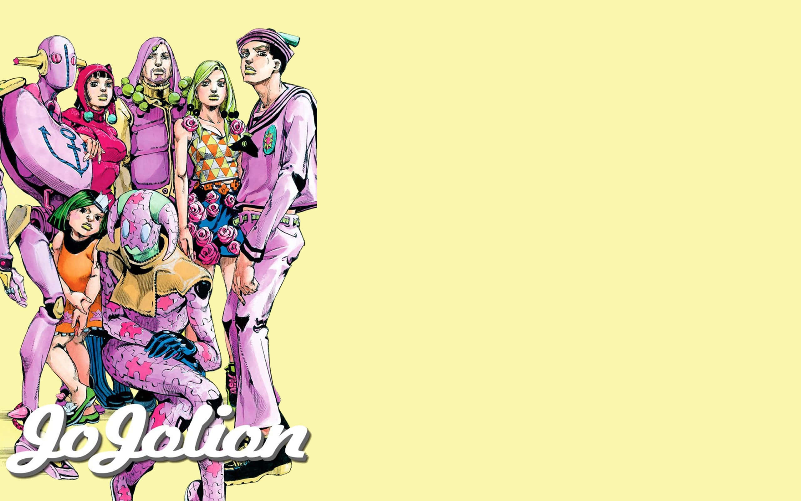 Jojolion 桌布 壁紙 — 來自《JoJo的奇妙冒險》的鮮豔動漫角色自信地站在純淡黃色背景前。