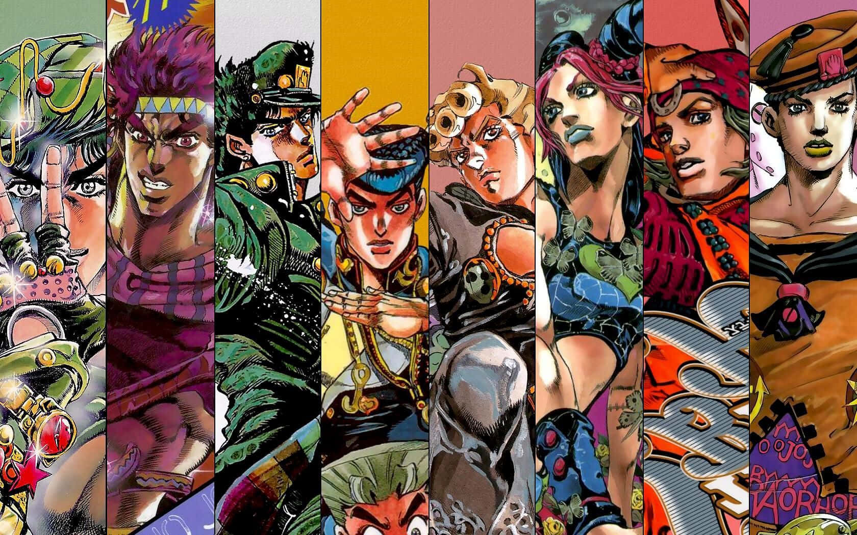Jojo Stands 桌布 壁紙 — 來自《JoJo的奇妙冒險》的鮮豔動漫角色以動態姿勢和鮮豔色彩站立在醒目的垂直面板中。