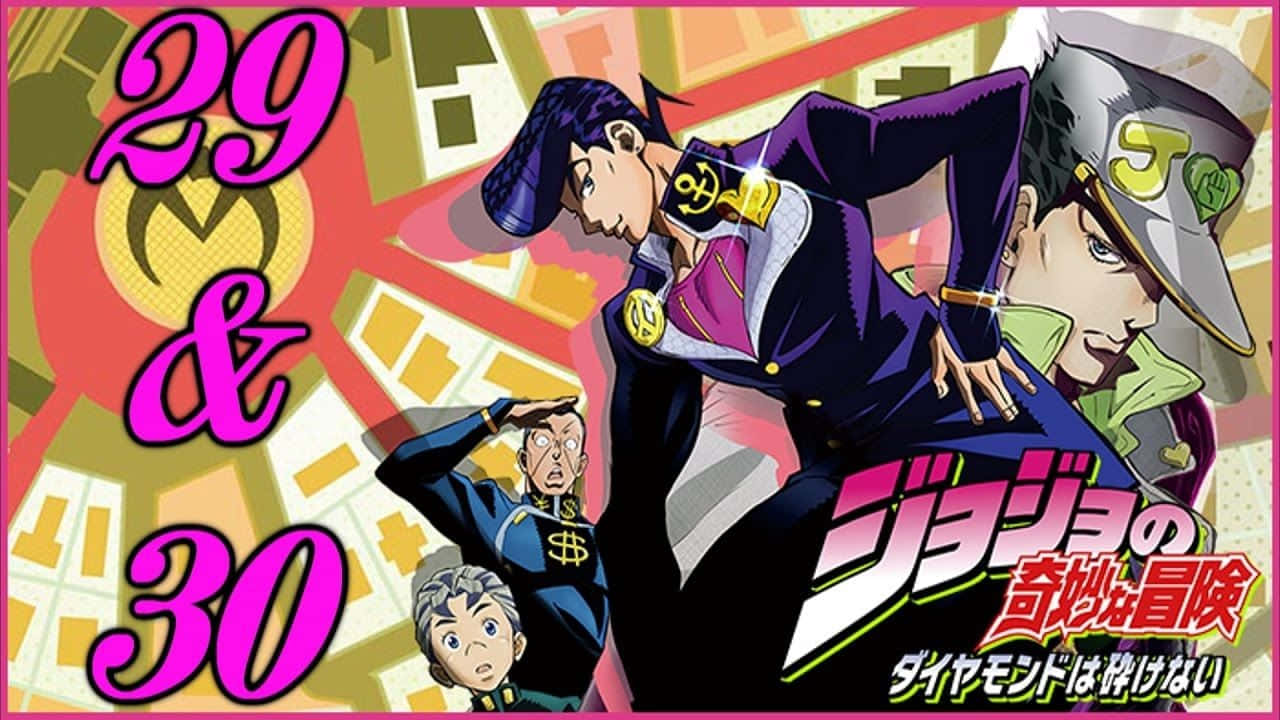 Diamond Is Unbreakable 桌布 壁紙 — 來自《JoJo的奇妙冒險》的鮮豔動畫角色在色彩繽紛的幾何背景前動態擺姿勢，並帶有粗體粉紅色文字。