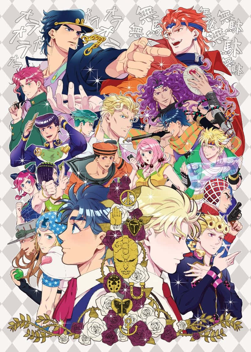 Diamond Is Unbreakable 桌布 壁紙 — 來自《JoJo的奇妙冒險》的鮮豔動畫角色在飾有玫瑰和金色符號的棋盤格背景前動態擺姿勢。