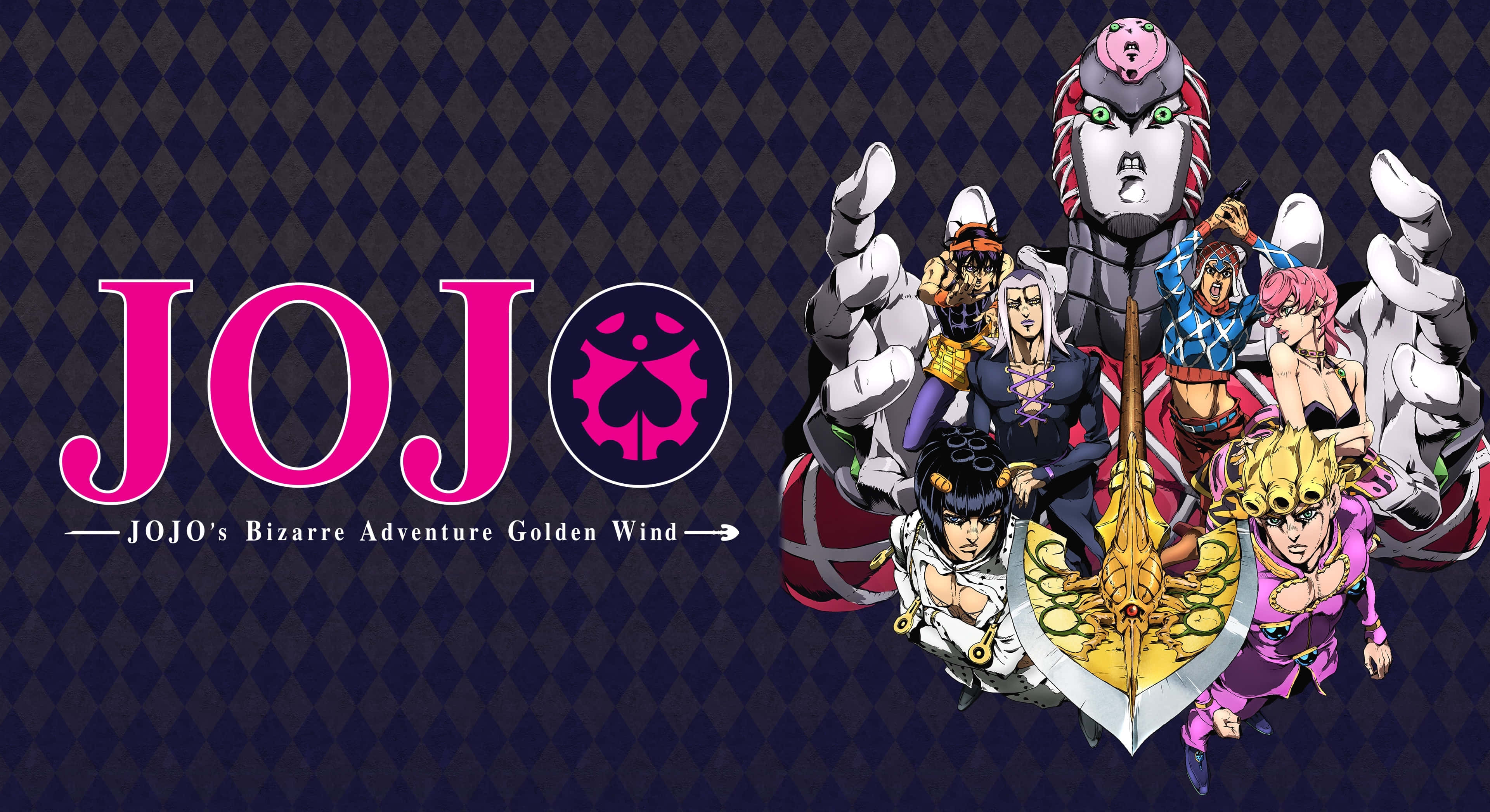 Golden Wind 桌布 壁紙 — 來自《JoJo的奇妙冒險 黃金之風》的大膽動畫角色在深色格仔背景上以粉紅色標題文字動態擺姿勢。