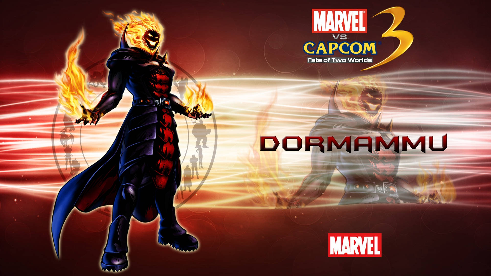 Marvel Vs. Capcom 3 Dormammu 壁紙 — 來自 Marvel vs. Capcom 3 的多瑪姆，雙手燃燒火焰，在耀眼的紅金色宇宙背景下威嚴站立。
