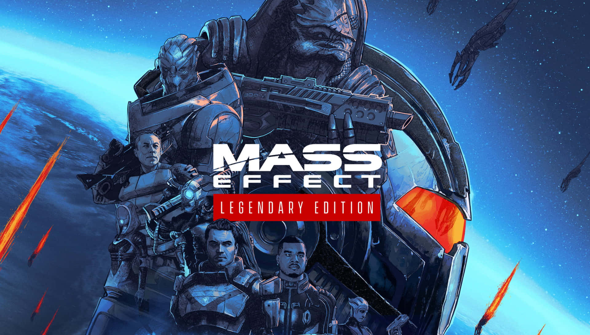 Mass Effect Legendary Edition 桌布 壁紙 — 來自《Mass Effect Legendary Edition》的戲劇性太空戰鬥場景，以星空為背景，展示了裝甲士兵和一個巨大的外星戰士。