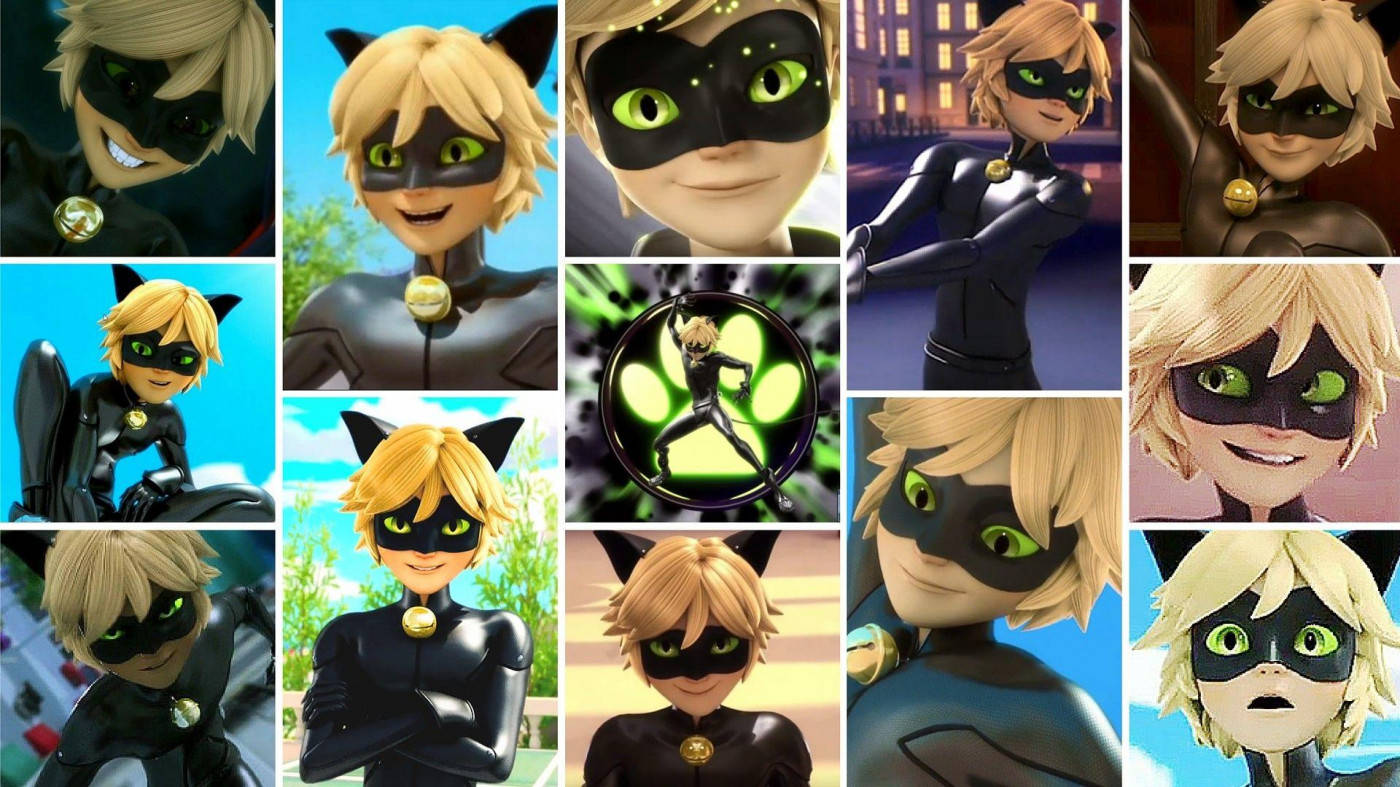 超級英雄 桌布 壁紙 — 來自《Miraculous》的 Cat Noir 的充滿活力的拼貼畫，展示了他黑色服裝中各種表情和姿勢，並帶有發光的綠色眼睛。
