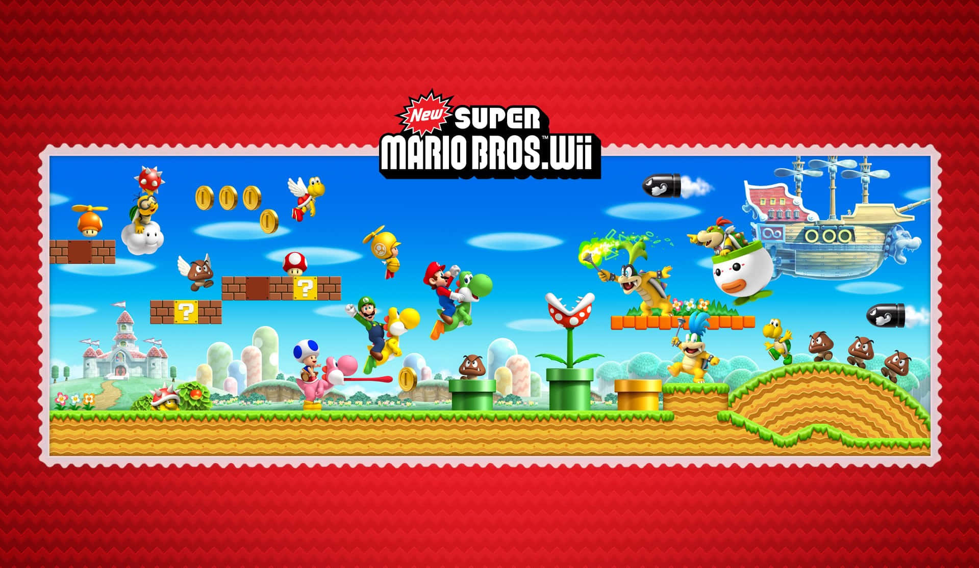 Mushroom Kingdom 桌布 壁紙 — 來自《New Super Mario Bros Wii》的鮮豔2D遊戲場景，瑪利歐、路易吉和朋友們在明亮的藍天下跳過水管和敵人。