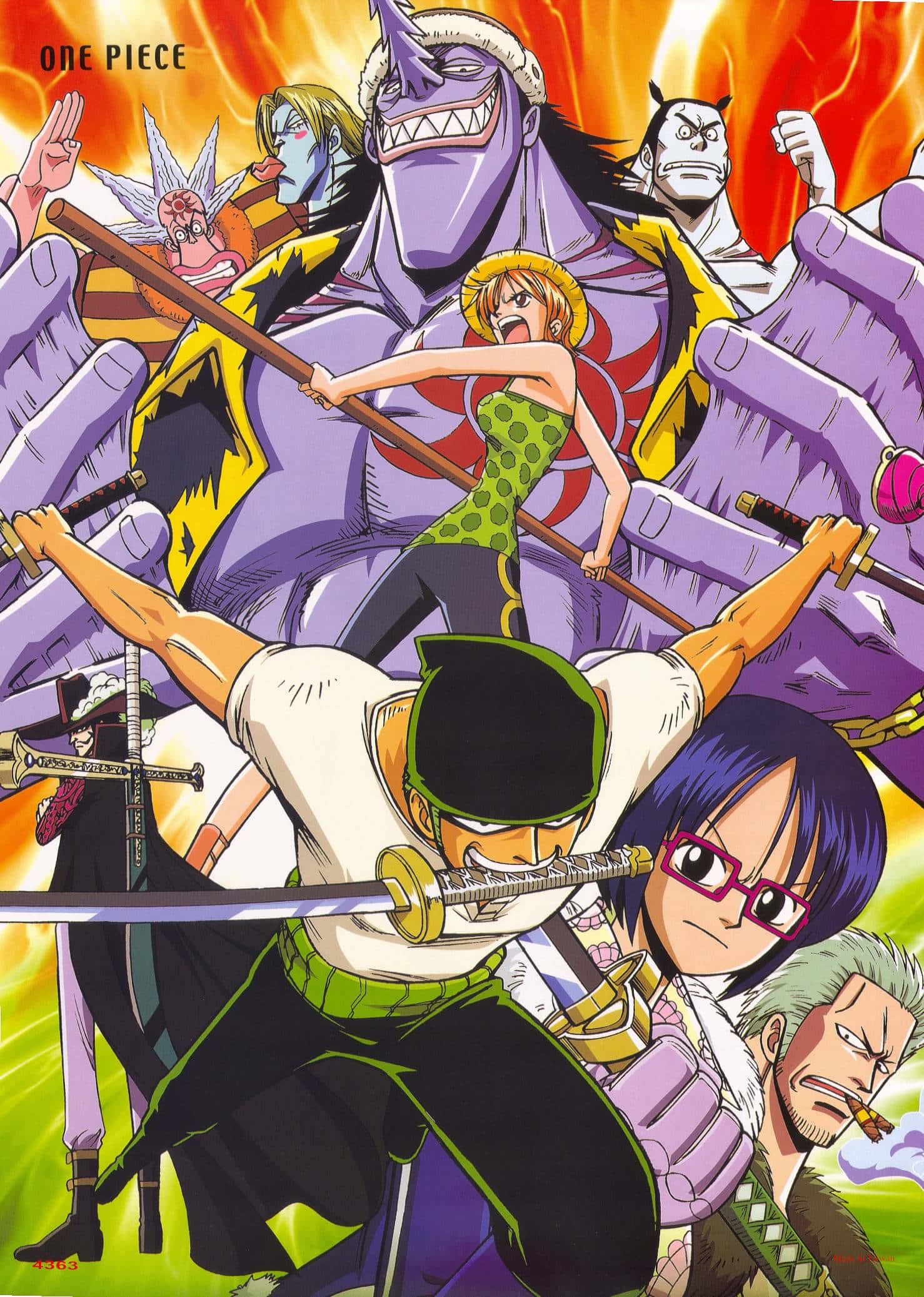 Arlong Park 桌布 壁紙 — 來自《One Piece》的動態動漫角色在充滿活力的色彩和強烈表情的激烈戰鬥場景中碰撞。