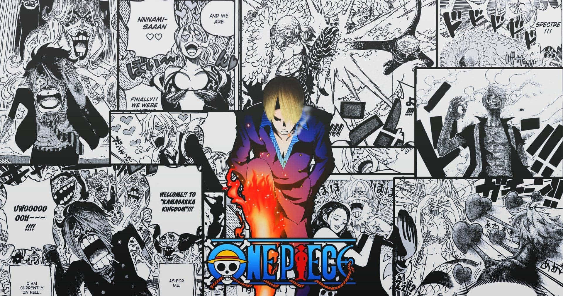 One Piece Manga 桌布 壁紙 — 來自《One Piece》的動態漫畫拼貼，包含激烈的動作畫面和帶有火焰光環的中心角色。