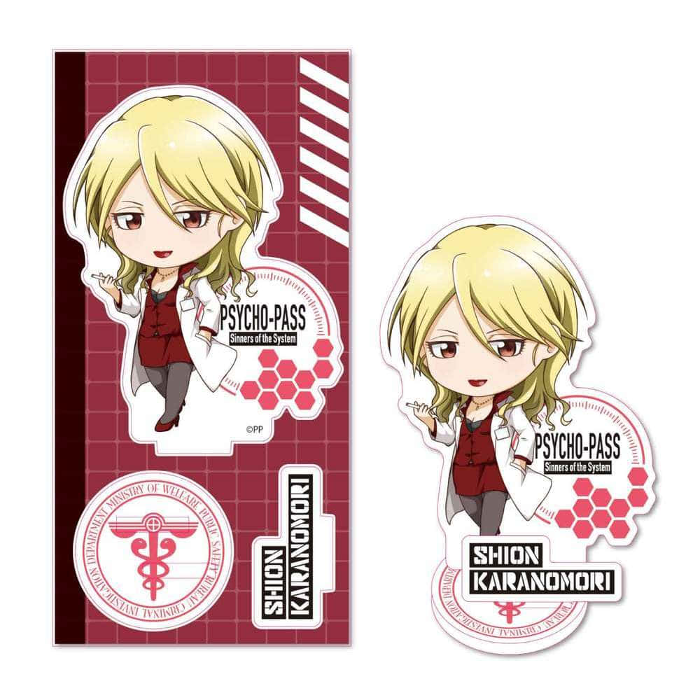 Shion Karanomori 桌布 壁紙 — 來自《PSYCHO-PASS 心靈判官》的Q版動畫角色唐之杜志恩，站在帶有官方印章和文字的紅色網格背景上。