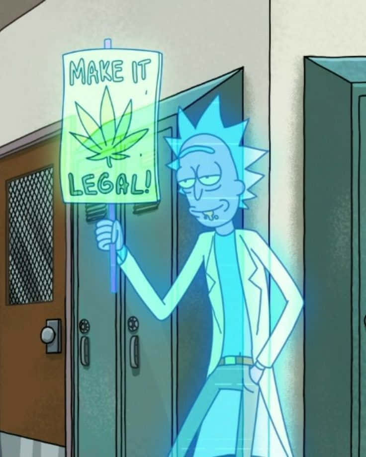 The Cromulons 桌布 壁紙 — 來自《Rick and Morty》的Rick Sanchez在卡通走廊中手持發光標語，要求大麻合法化。