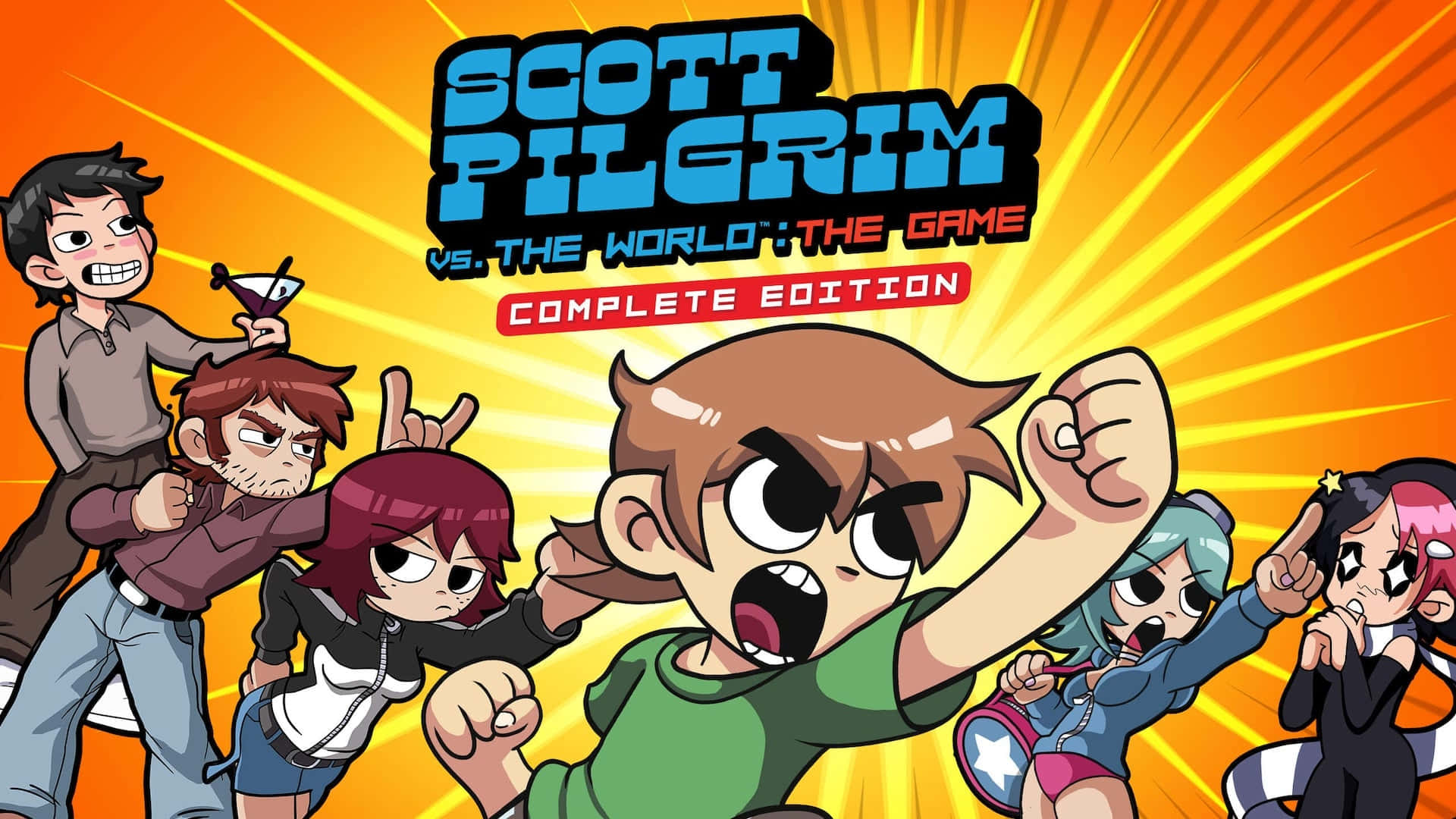 scott pilgim 桌布 壁紙 — 來自《Scott Pilgrim vs. The World: The Game》的鮮豔動漫風格角色，在燦爛的橙色太陽爆發背景前動態擺姿勢。