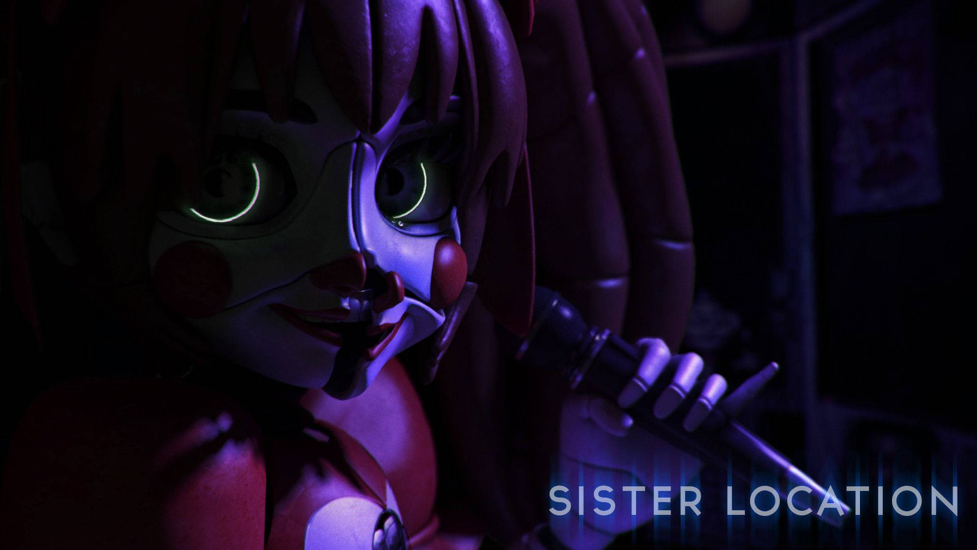 來自《Sister Location》的馬戲團寶寶驚險姿態 壁紙 — 一個帶有發光眼睛和刀子的威脅性電子動畫，在昏暗的紫色房間中。