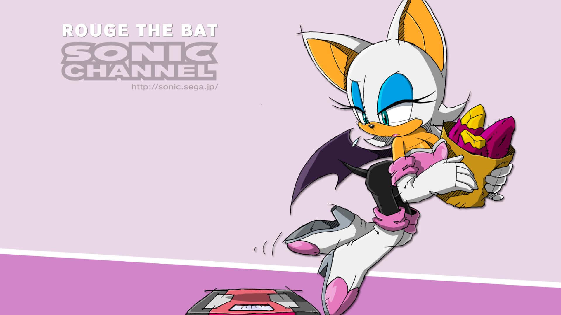 Rouge The Bat 桌布 壁紙 — 來自 Sonic Channel 的 Rouge the Bat 在半空中跳躍，手持一袋寶石，背景為柔和的紫色。
