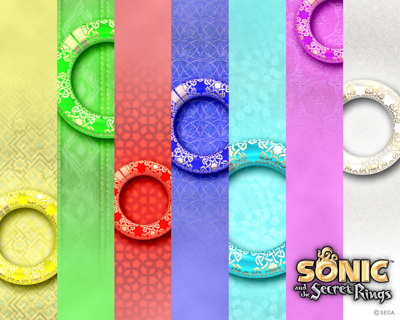 Sonic And The Secret Rings 桌布 壁紙 — 來自《Sonic the Secret Rings》的鮮豔垂直條紋，由色彩繽紛的戒指組成，帶有複雜圖案和發光邊緣。