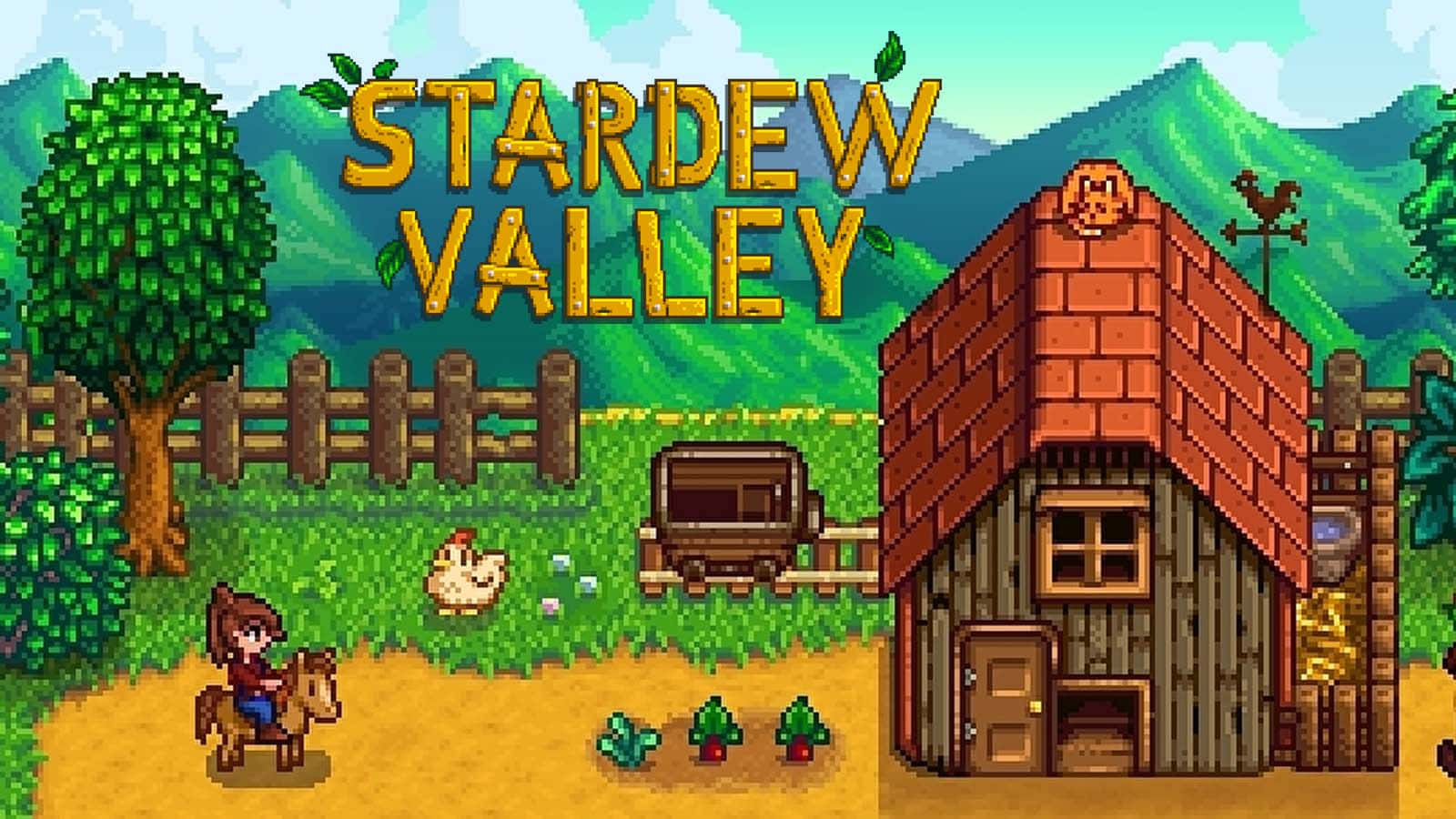 來自 Stardew Valley 的像素化農場場景，玩家騎著馬靠近木屋和山脈。