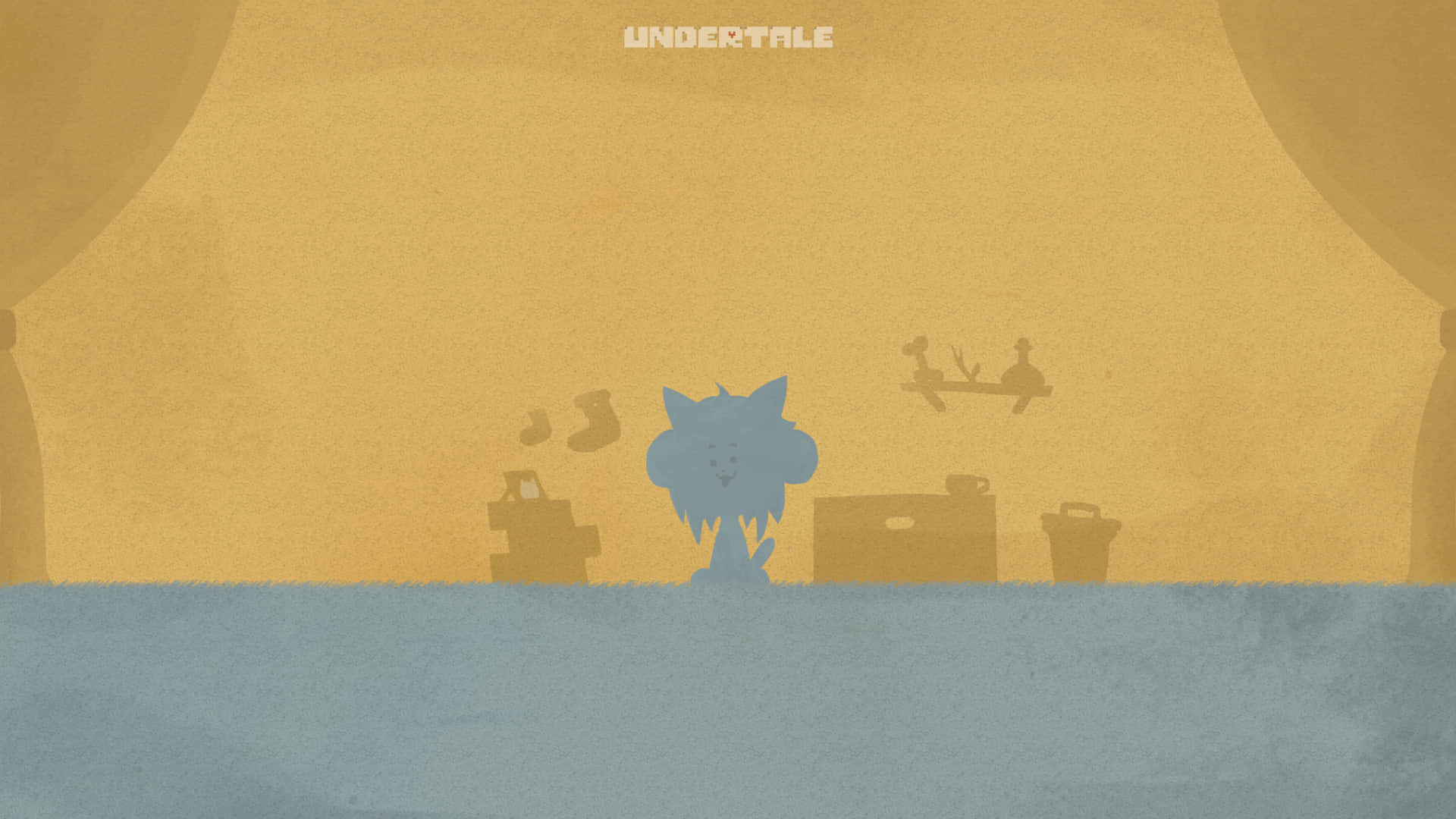 來自《Undertale》宇宙的可愛Temmie 壁紙 — 一個藍色貓咪角色站在光線昏暗的房間裡，黃色牆壁和散落的物品在溫暖的光芒下。
