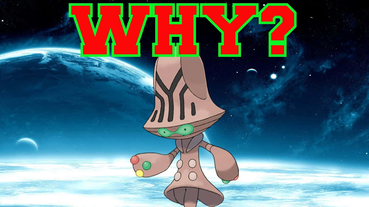 來自 Unova 地區的異星心靈寶可夢 Beheeyem 壁紙 — 一隻卡通寵物小精靈站在一個星球上，上面漂浮著巨大的紅色「為什麼？」文字，背景是星空宇宙。