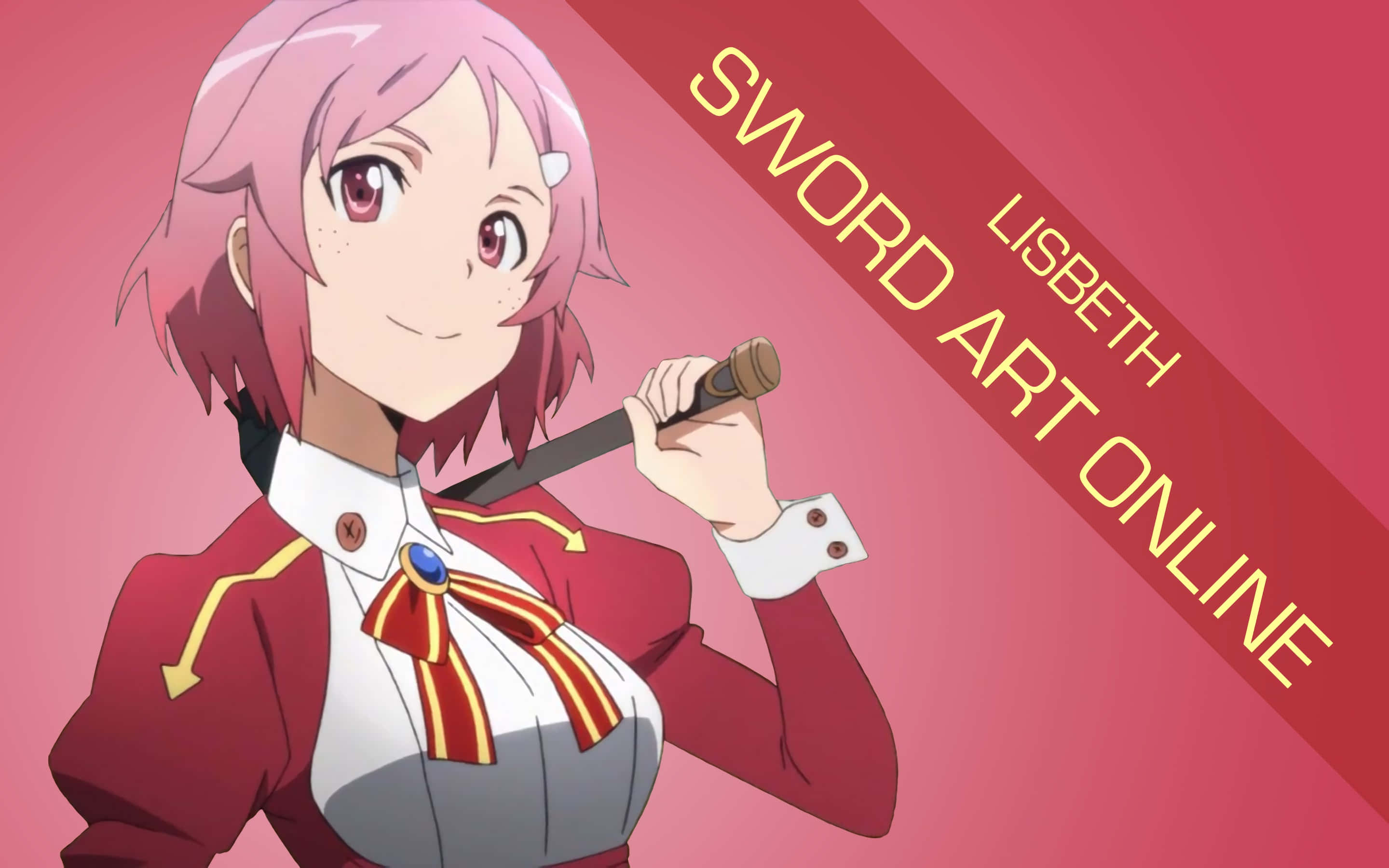 Sword Art Online Lisbeth 桌布 壁紙 — 來自《刀劍神域》的粉紅髮動漫女孩莉茲貝特在漸變粉紅背景前微笑著手持劍。