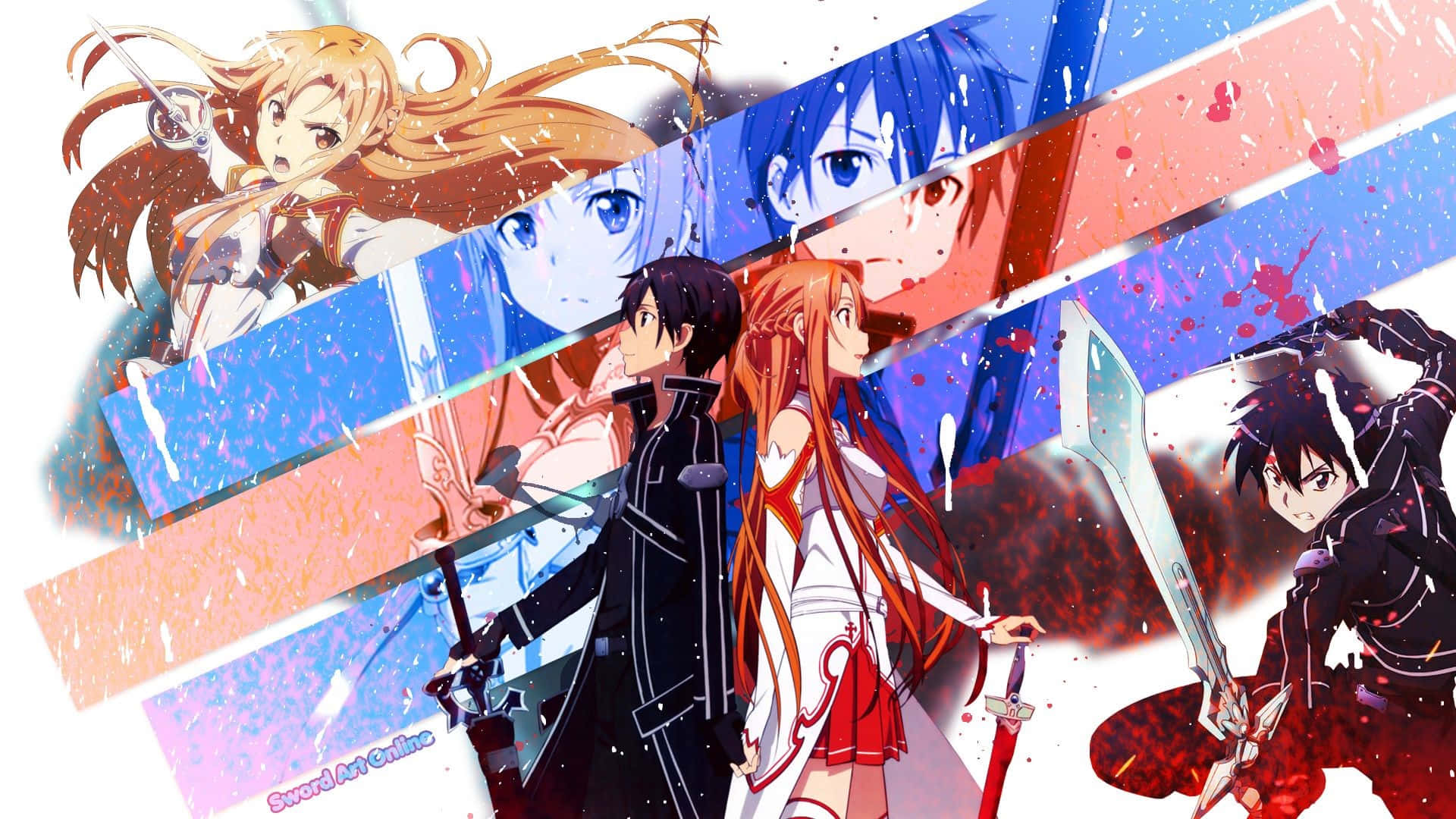 Yuuki Asuna 桌布 壁紙 — 來自《刀劍神域》的鮮豔動漫角色以動態姿勢站立，背景為色彩繽紛的抽象背景，帶有油漆飛濺效果。