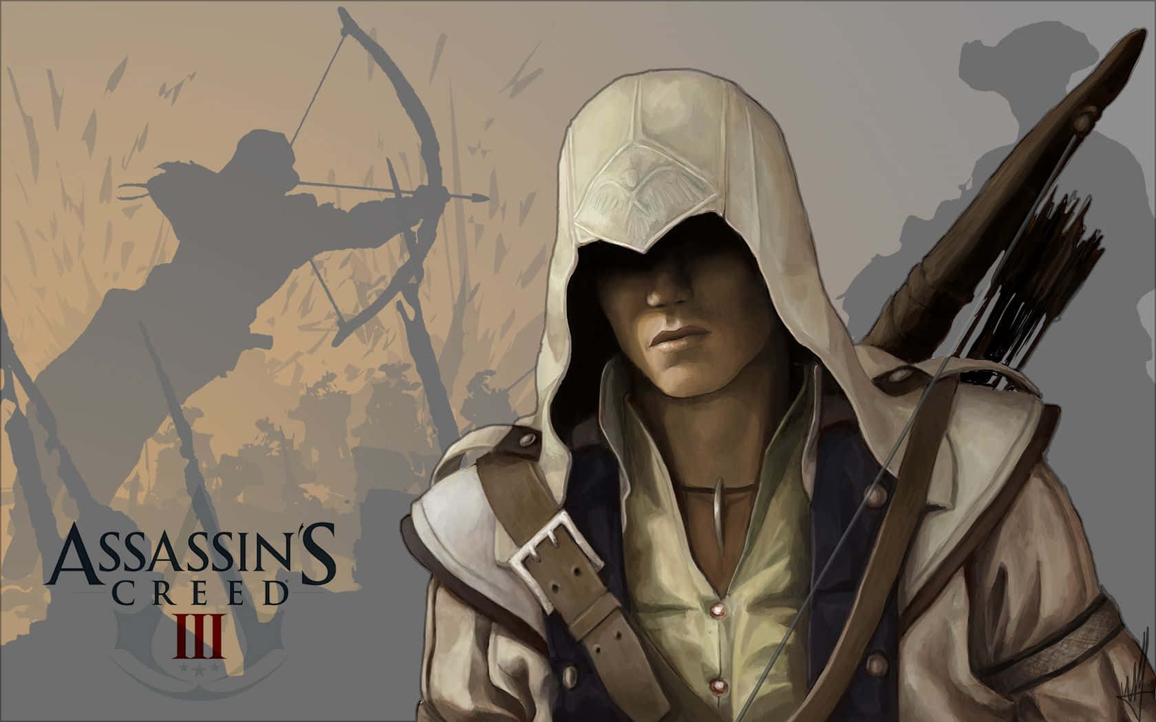 Connor Kenway 桌布 壁紙 — 來自《刺客教條 III》的戴帽刺客站在前景，手持弓箭，身後有陰影弓箭手，以棕褐色調呈現。