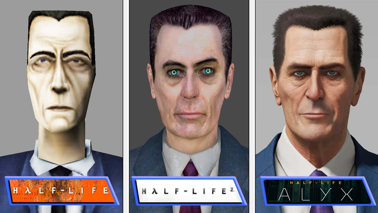 Half-life Characters 桌布 壁紙 — 來自《半條命》遊戲的同一個男性角色的三個版本排成一排，每個肖像下方有遊戲標題。