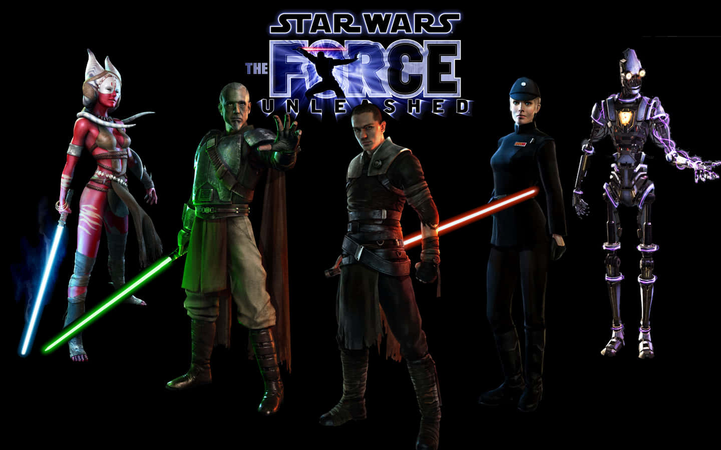 Jedi Knight 桌布 壁紙 — 來自《原力釋放》的五個星際大戰角色在黑暗背景下手持發光光劍蓄勢待發。