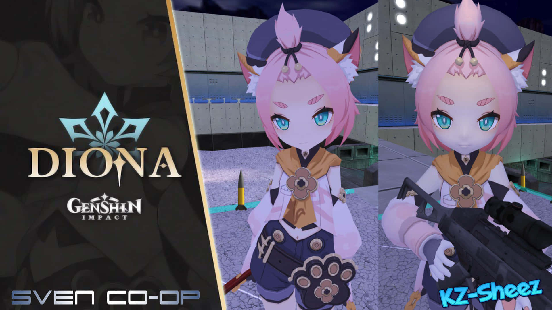 Genshin Impact Diona 桌布 壁紙 — 來自《原神》的Q版迪奧娜站在未來風格場景中，手持步槍，擁有發光的藍色眼睛和粉紅色頭髮。