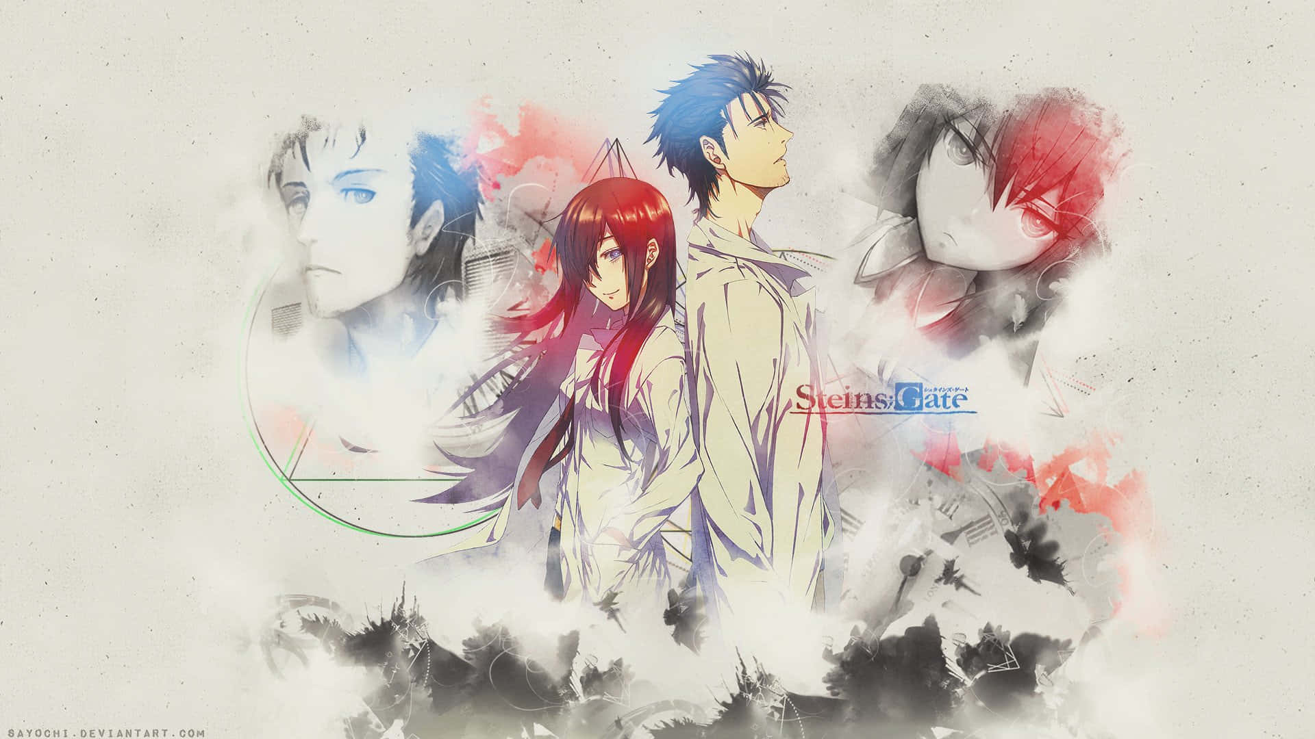 Steins Gate 桌布 壁紙 — 來自《命運石之門》的動漫角色站在紋理米白色背景上，周圍環繞著旋轉的紅色和藍色墨水飛濺。