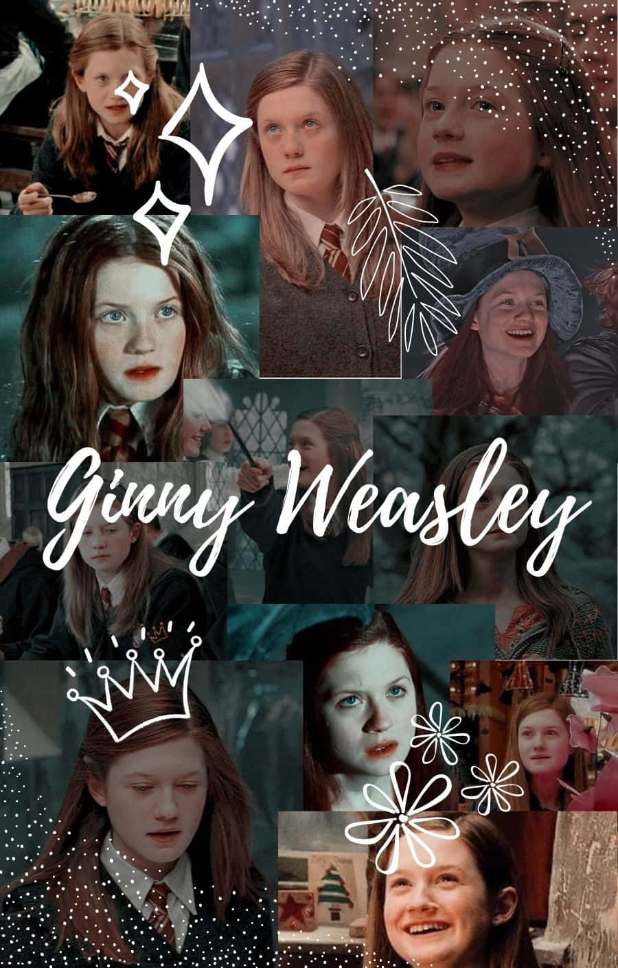 Ginny Weasley 桌布 壁紙 — 來自《哈利波特》的金妮·衛斯理拼貼畫，在她各種表情上加上俏皮的白色塗鴉和閃爍效果。