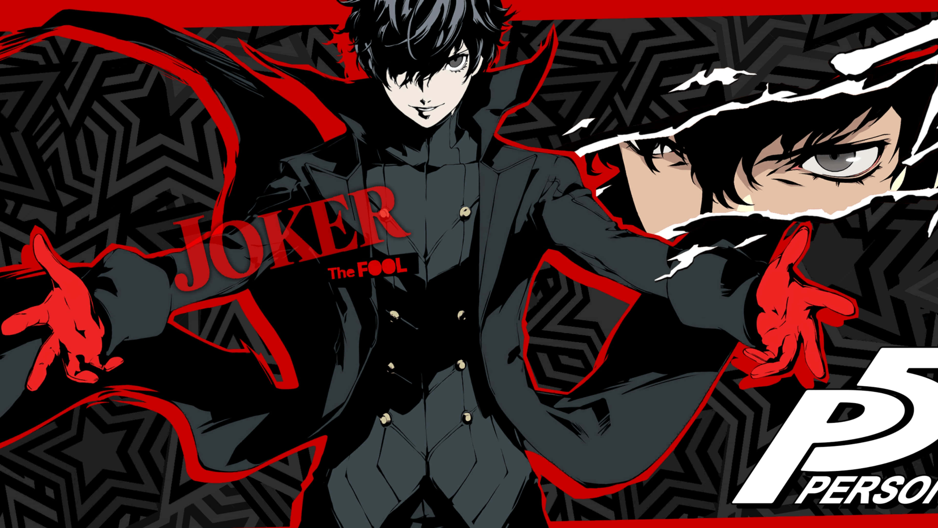 persona 桌布 壁紙 — 來自《女神異聞錄5》的動畫角色Joker以動態姿勢站立，雙手發出紅光，背景為黑色幾何圖案。