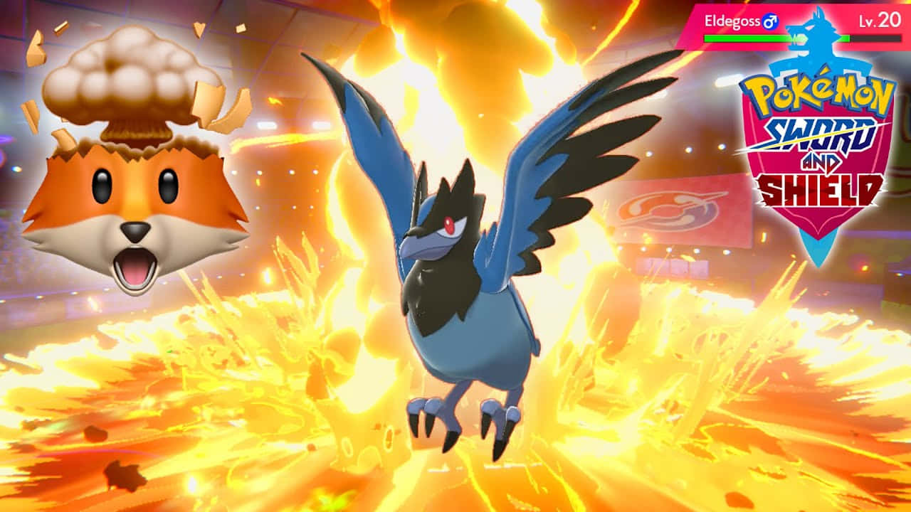 Pokémon Sword and Shield Corvisquire 壁紙 — 來自《寶可夢 劍／盾》的激烈戰鬥場景，一隻藍色鳥類寶可夢對一隻驚訝的狐狸寶可夢釋放出強大的爆炸。
