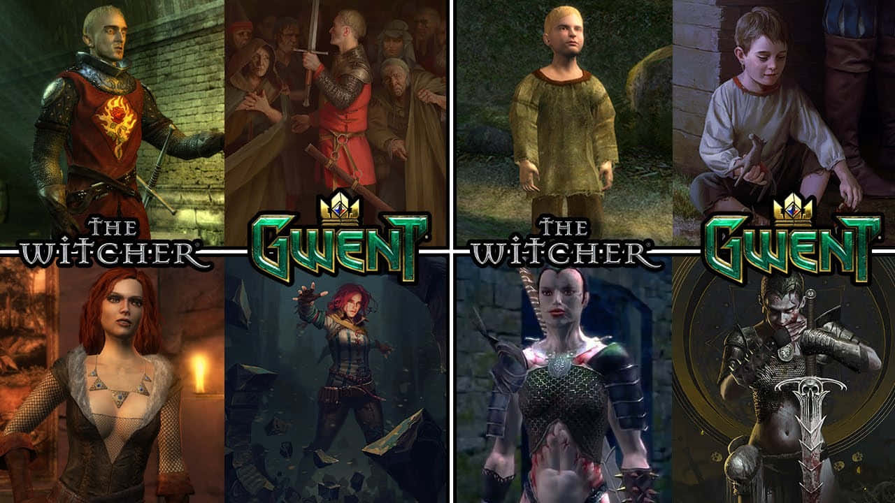 The Witcher Characters 桌布 壁紙 — 來自《巫師》和《昆特牌》遊戲的奇幻角色拼貼畫，身著中世紀盔甲和服裝。