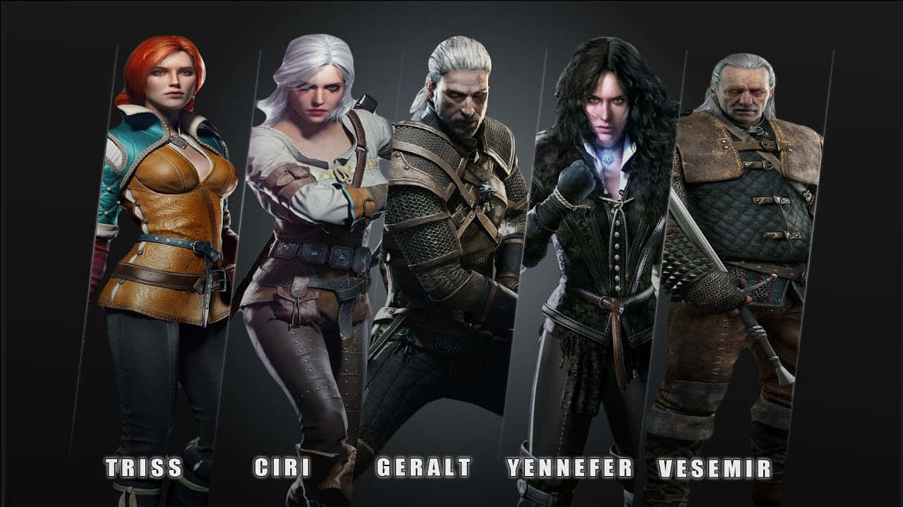 The Witcher Characters 桌布 壁紙 — 來自《巫師》的五個奇幻角色排成一排，站在深色背景前，每人下方有名字。