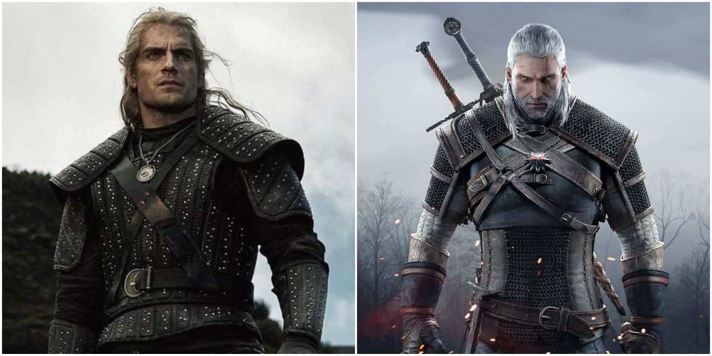 The Witcher Characters 桌布 壁紙 — 來自《巫師》的利維亞的傑洛特兩個版本站在暴風雨森林場景中，穿著精細盔甲，劍已準備就緒。