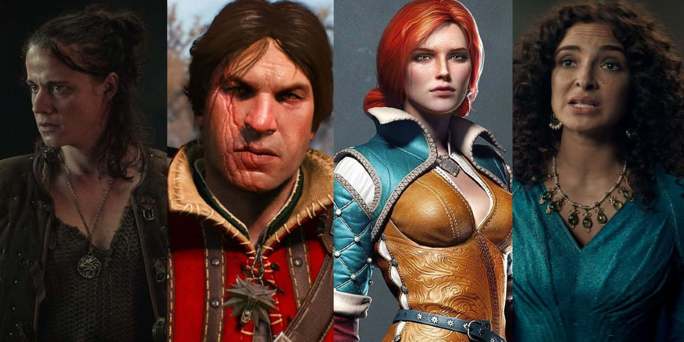 The Witcher Characters 桌布 壁紙 — 來自《巫師》系列的四個不同角色，以電影特寫鏡頭呈現，具有細緻紋理和戲劇性燈光。