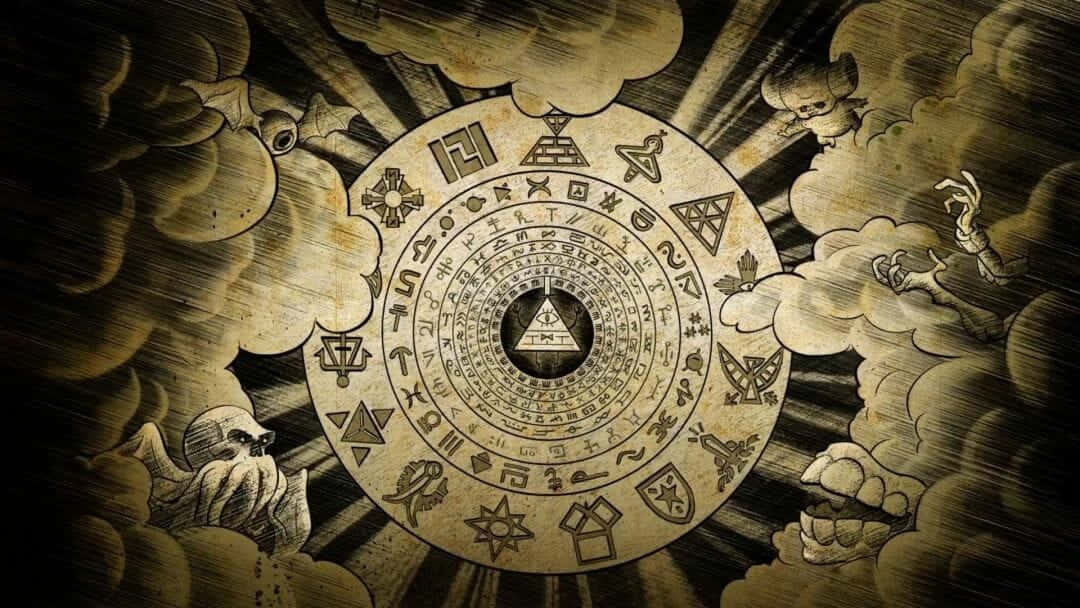 一個帶有符號的神秘圓形文物，被雲霧中的幽靈般人物包圍。